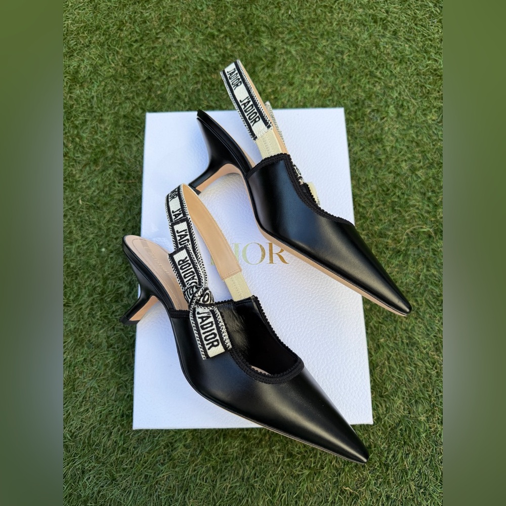 CHRISTIAN DIOR J'ADIOR BLACK CALFSKIN LEATHER SHOES SLINGBACKS KITTEN HEELS 37.5 - Picture 8 of 15